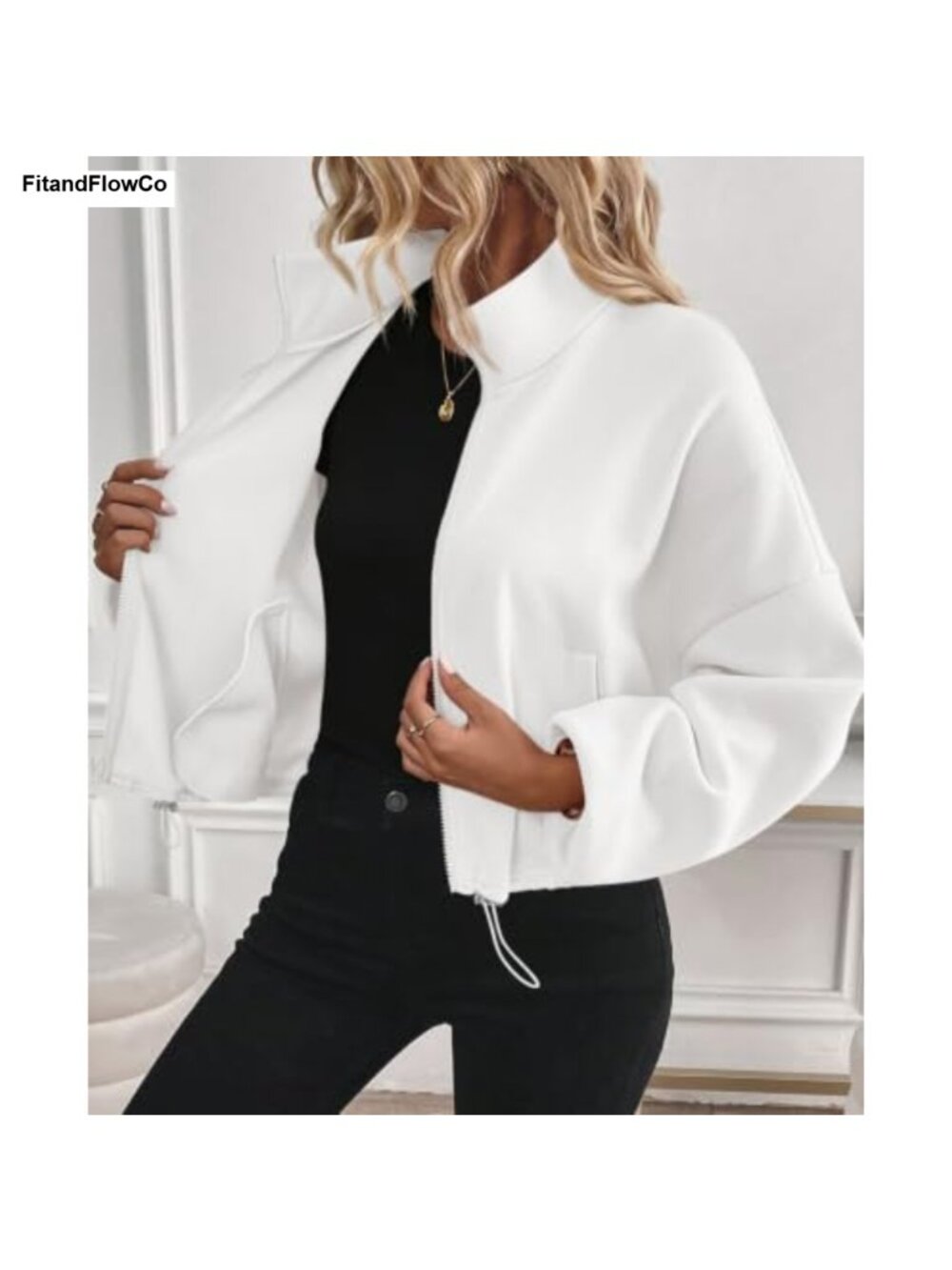 Cropped Fleece Zip Up Sweatshirt Stand Collar Drawstring Hem Pockets - Picture 2 of 6